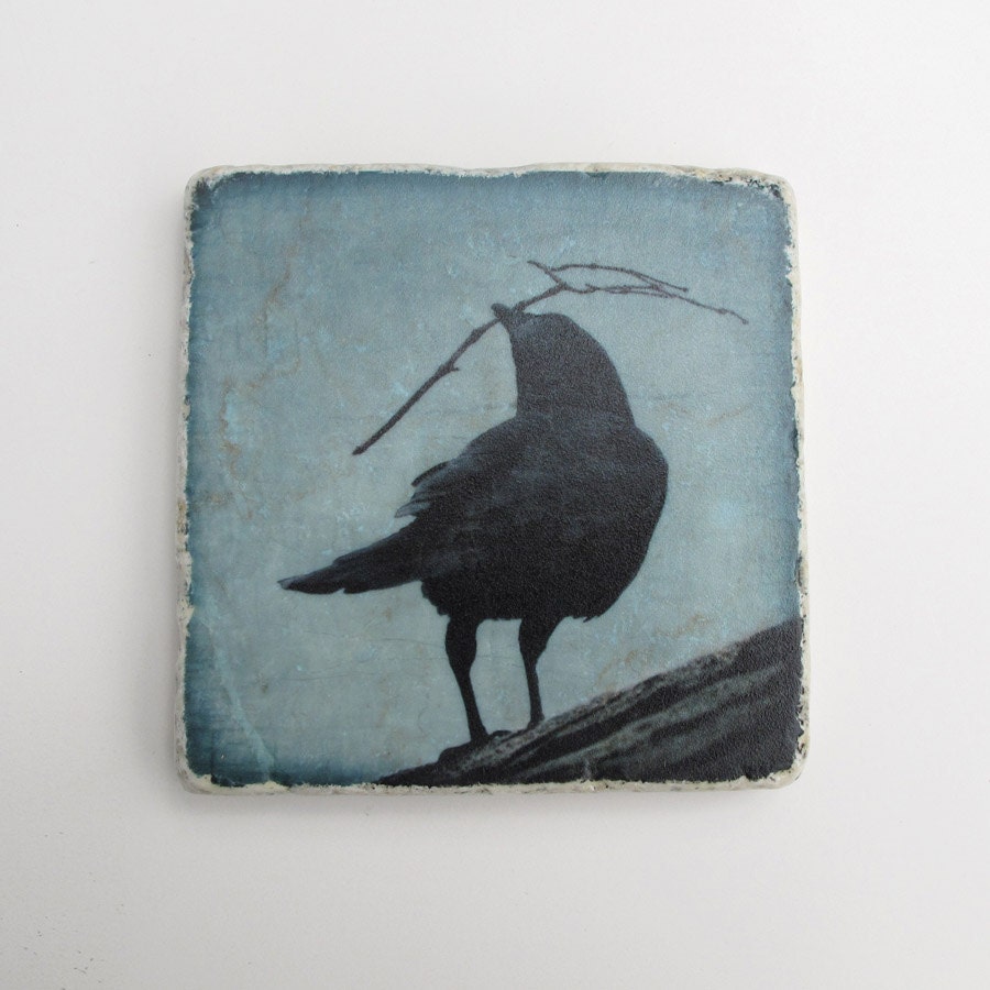 Nest Building Crow on Marble Tile Coaster