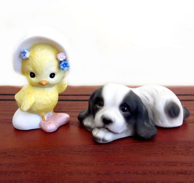 Porcelain Animal Figurines, Dog / Chick