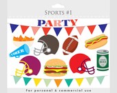 Football party clipart - football clip art, foot ball, football clipart, bunting banner, helmets, hot dog, hamburger, nachos, beer, snacks
