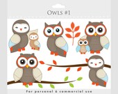 Owls clipart - whimsical owls, baby owls, birdies, branch, tree branch, leaves, sweet, cute, birds, for personal and commercial use