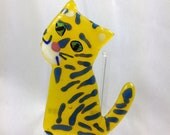 Lemon yellow, egyptian blue striped fused glass tabby cat - wall decor