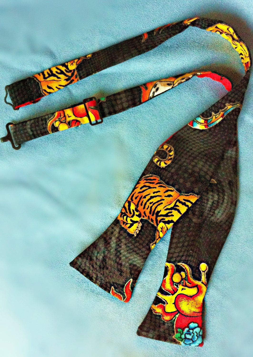 Tiger Tattoo Flames Print Adjustable Bow Tie