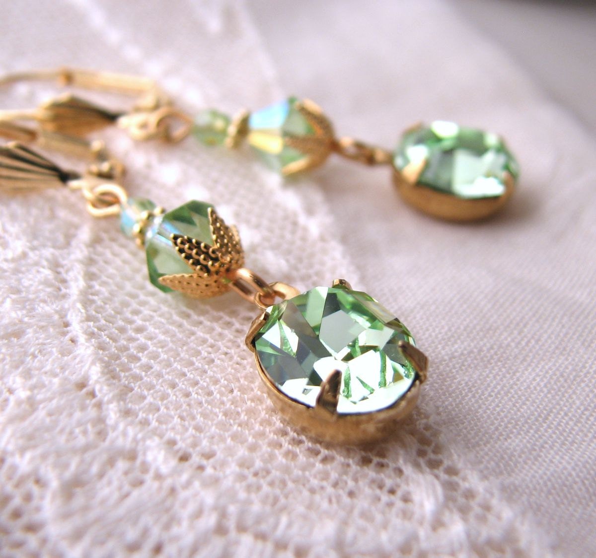 Mint green earrings with  Swarovski peridot and chrysolite crystal