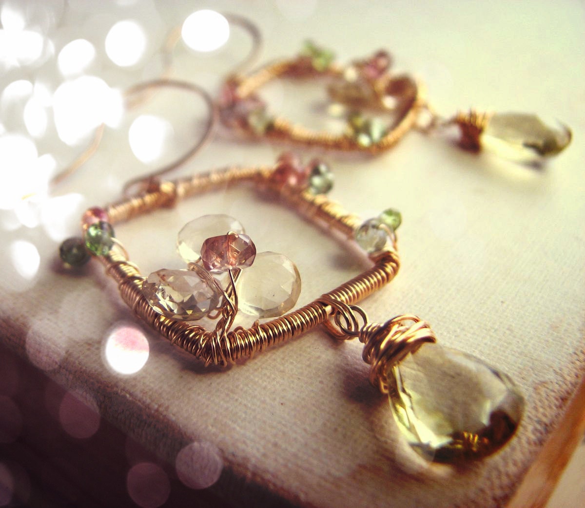 Lemon Drop pale yellow Wire wrap gemstone earrings with lemon quartz