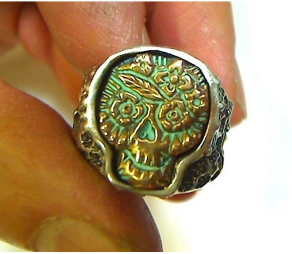 Down Under Sugaer Skull green patina Silver ring great engagement ring or wedding ring Day of the Dead