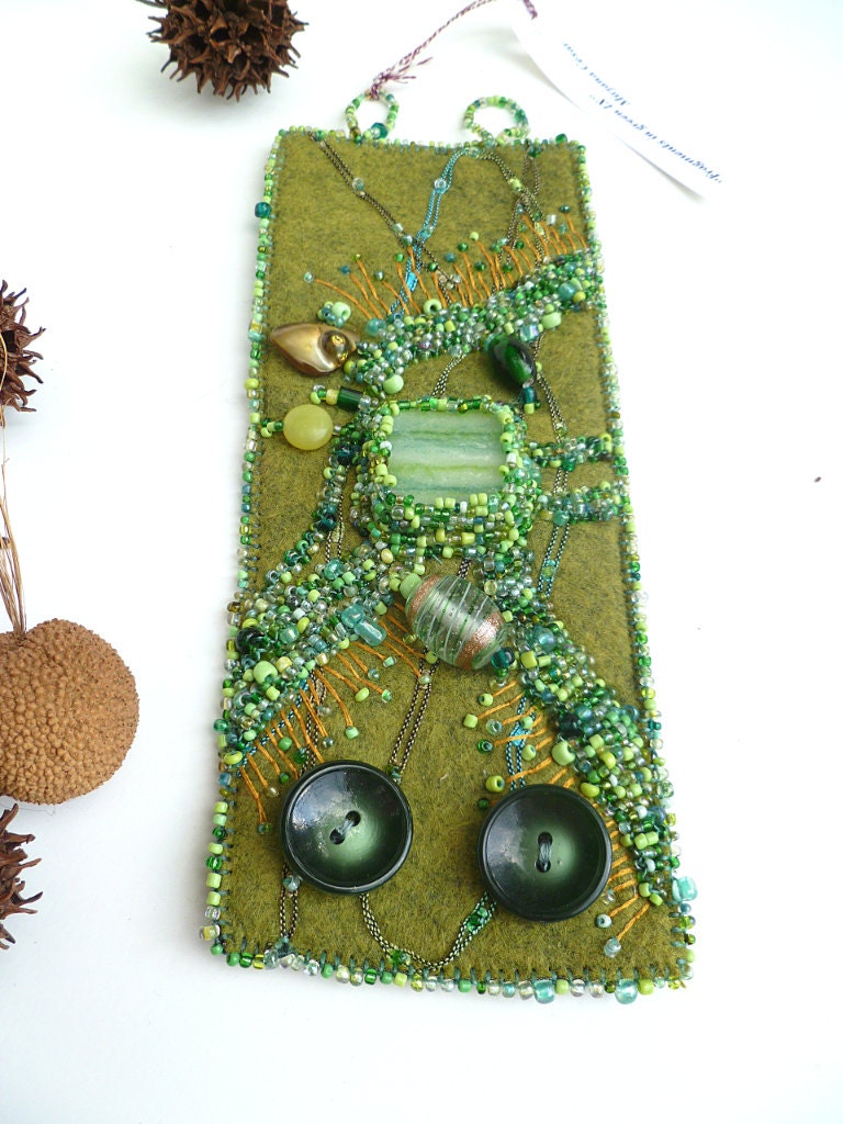 Fragments in green IX, unique fiber art cuff in green tones