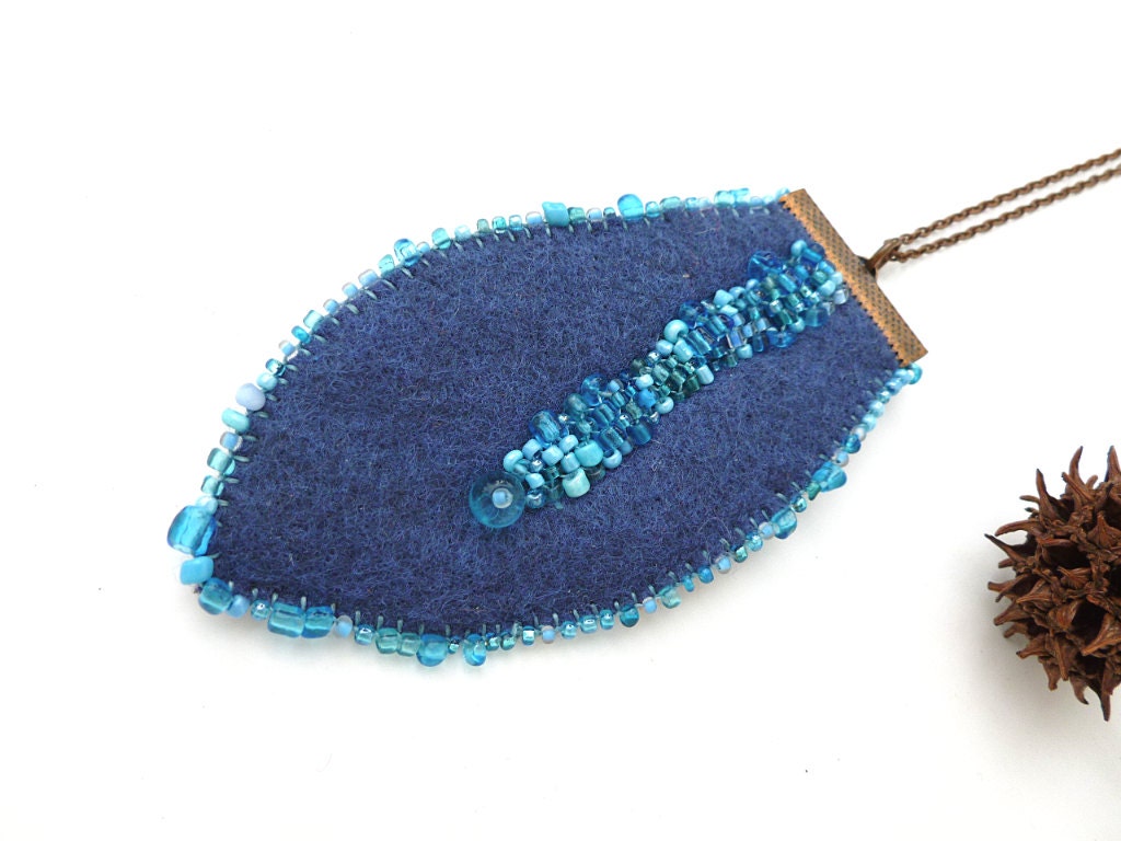 Leaf XIII, unique fiber art necklace, pendant in blues tones