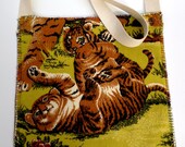 Cross body Bag Tattered Quirky Unique vintage Turkish fabric Tiger and cubs chartreuse bright colors
