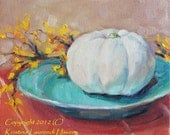 White Pumpkin Celebration of Fall Colors Original Oil Painting Still Life on Canvas