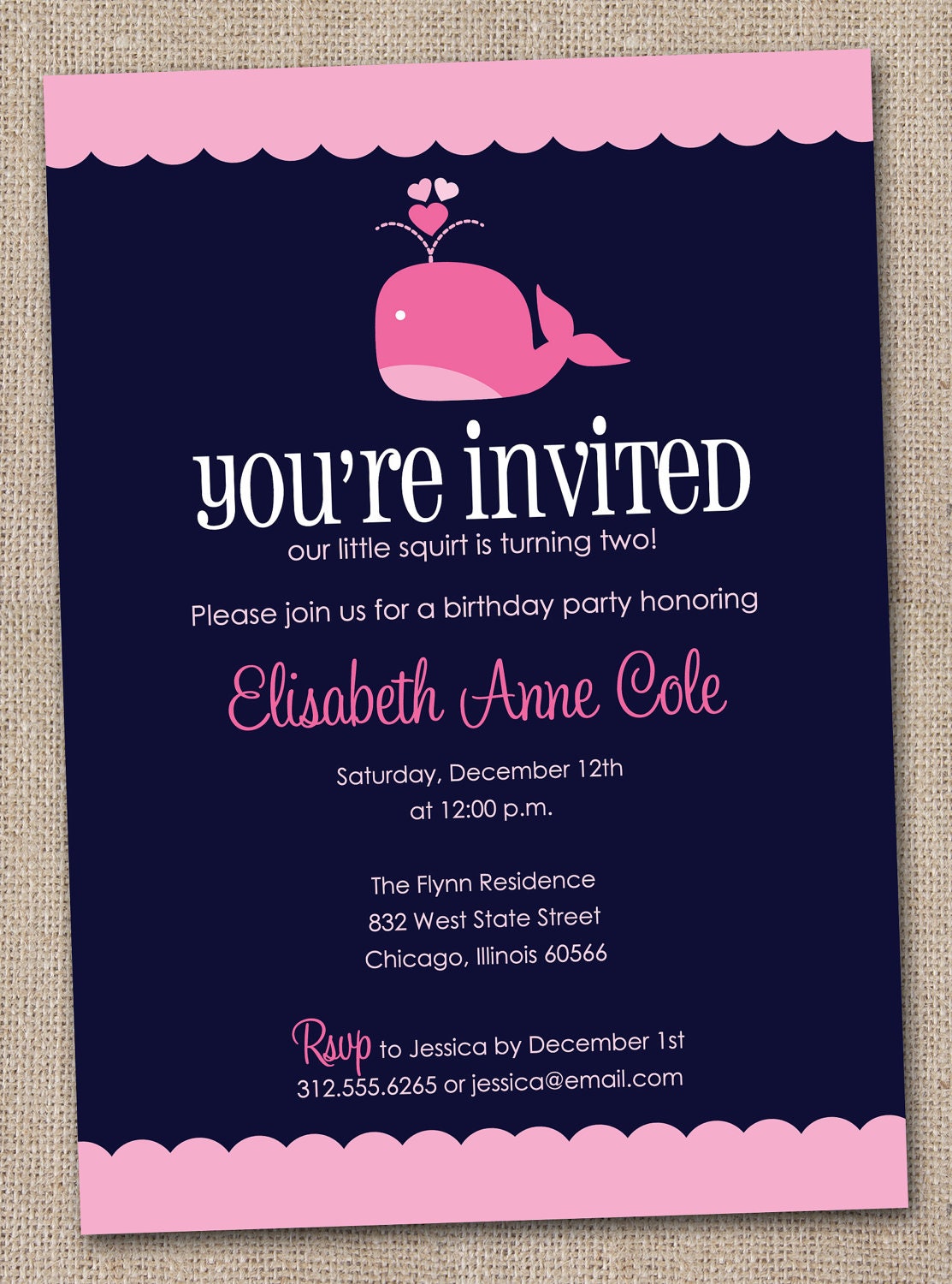 Printable Girls Pink Whale Birthday Party Invitations