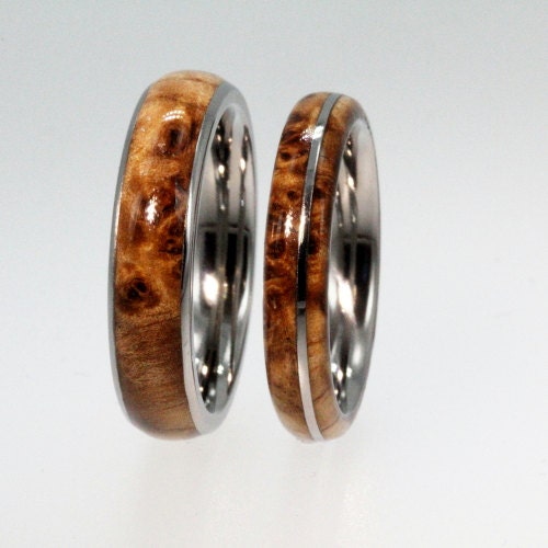 ... Ring Set with Black Ash Burl Wood Inlay - Wooden Wedding bands