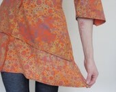womens dress orange screen printed retro artistic bohemian dress - small dress- handmade unique springtime frock dress