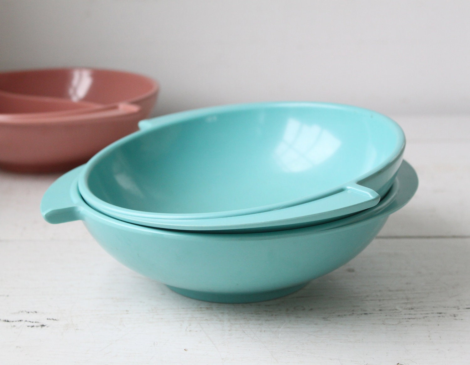 vintage 1950s serving bowls. 2 aqua melamine. Boonton mid century atomic modern / the BUTTERED MASHED bowls