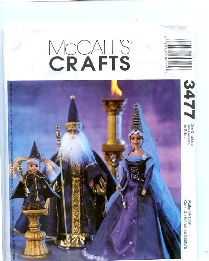 McCall's 3477 Fashion Doll Costumes Pattern-Medieval Gown, Wizard Robe, Hats, Wand, & Capes UNCUT for 11 1/2, 12", 4" Dolls