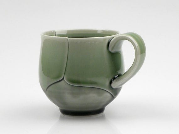 RESERVED Green Porcelain Coffee Cup Leaf Style 12 Ounce