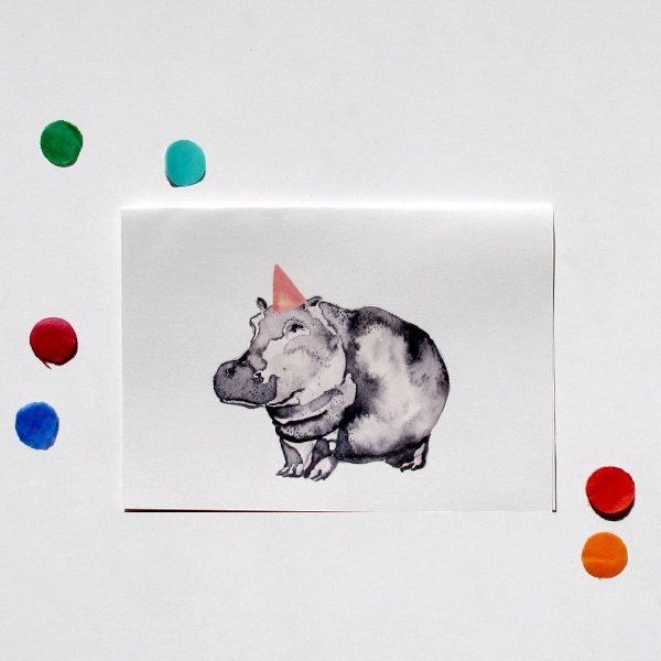 Blank A5 Card with Envelope - Watercolour, Pen and Ink illustrated - Party Animal- Hippo with party hat