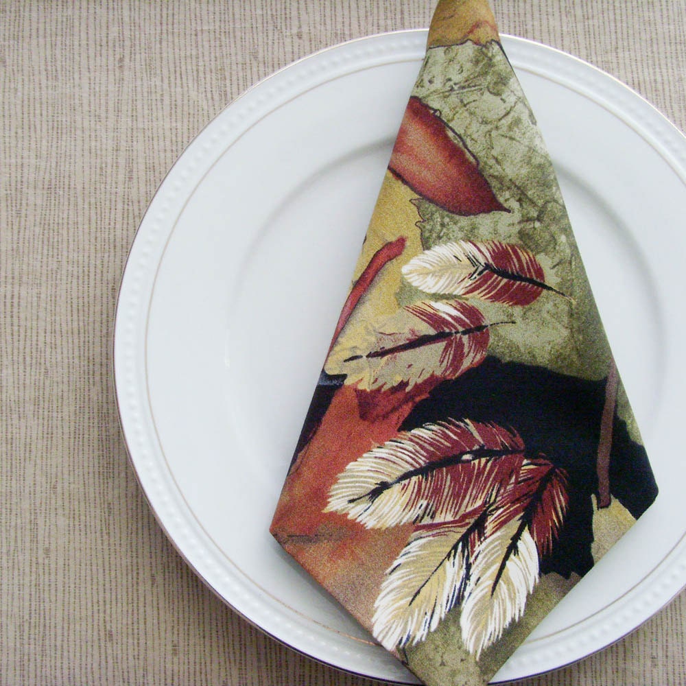 Woodland Brush Napkins / Nature Lover / Leaves - Feathers / Beige - Sage Green - Black - Maroon - Brown - Maize Gold - Orange / Set of 4