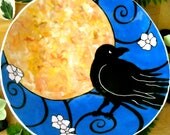 RAVEN'S MOON - HandMade Painted Bowl - Unique Crow and Flower Blossom Serving Dish - Black Bird Large Pasta or Salad Deep Plate - LoveArtWorks
