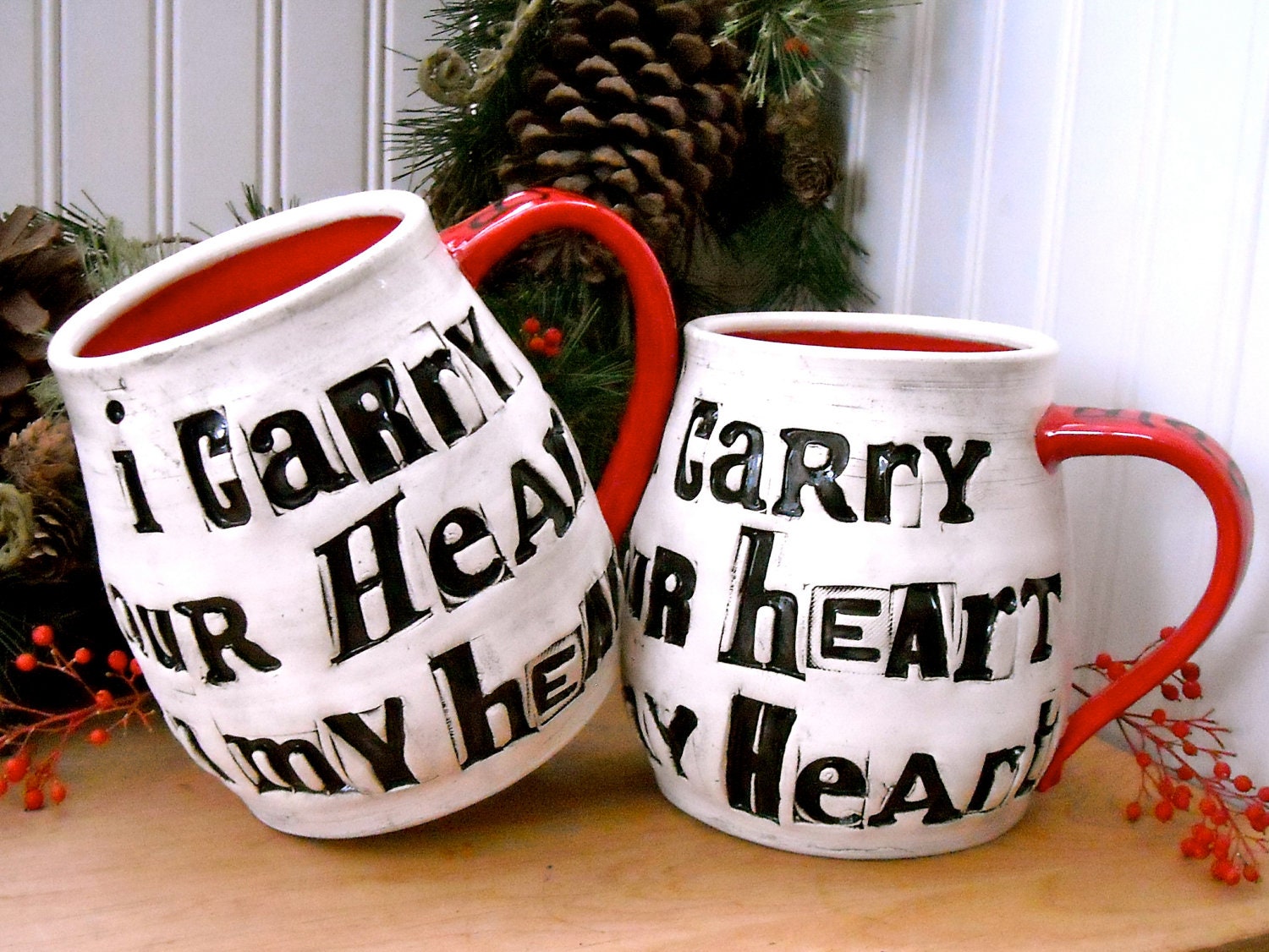Personalized Mugs - I Carry Your Heart In My Heart e. e. cummings Quote - 2 Cup Set HandMade TO ORDER Custom Names & Date Wedding Gift