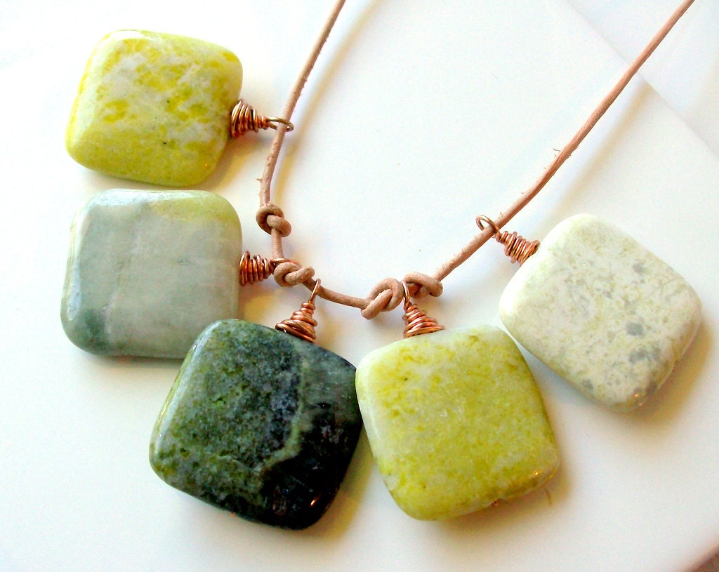 Autumn Jade & Leather Copper Necklace - Bohemian - Rustic - Green - Yellow - stoneandbone