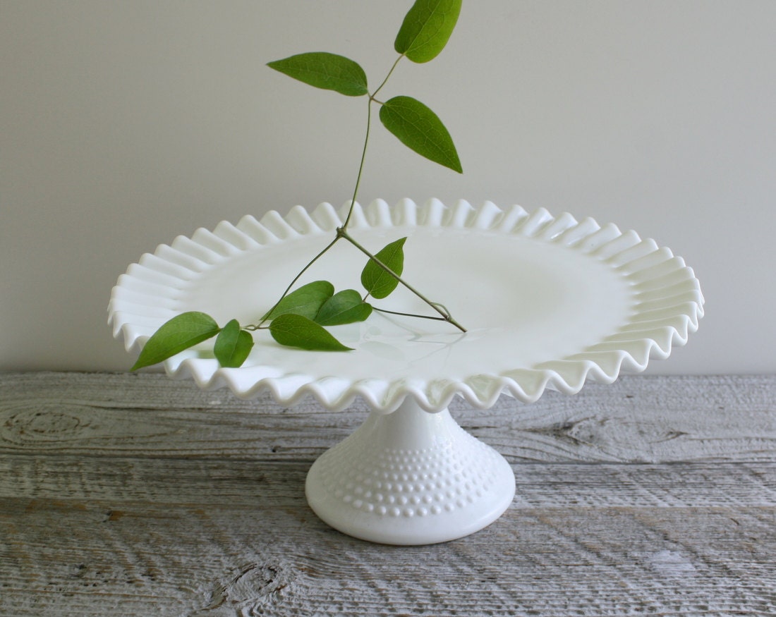 Vintage Fenton Hobnail and Ruffles - Milk Glass Pedestal Cake Plate