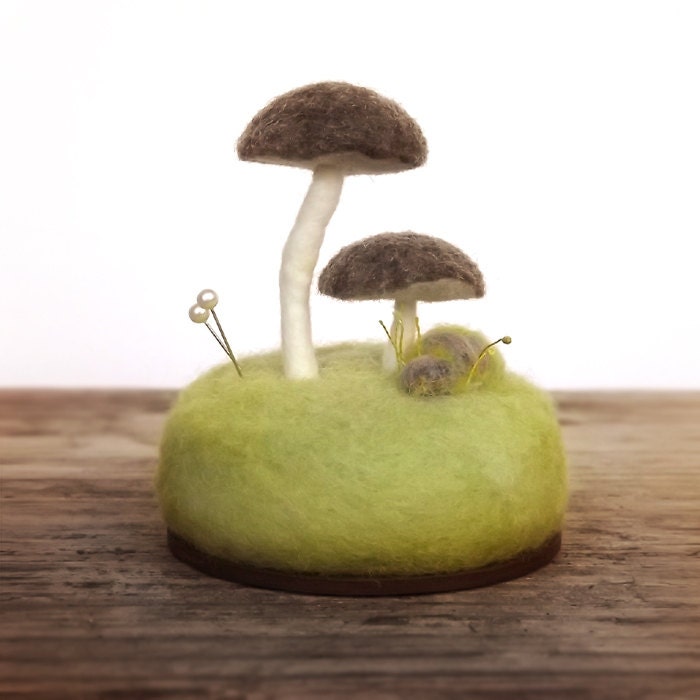 Pincushion Brown Umbrella Mushrooms Nature Scene Home Decor Wool Sculpture Made To Order