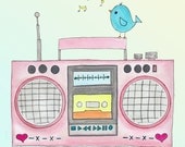 Tweet Bird with a Boombox Ghettoblaster Nursery Art Print 8 x 10 Original Art
