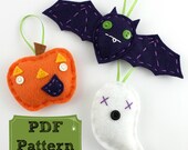 Felt Halloween Ornament Set PDF Pattern Embroidery Hand Sewing Holiday Cute Bat Pumpkin Ghost
