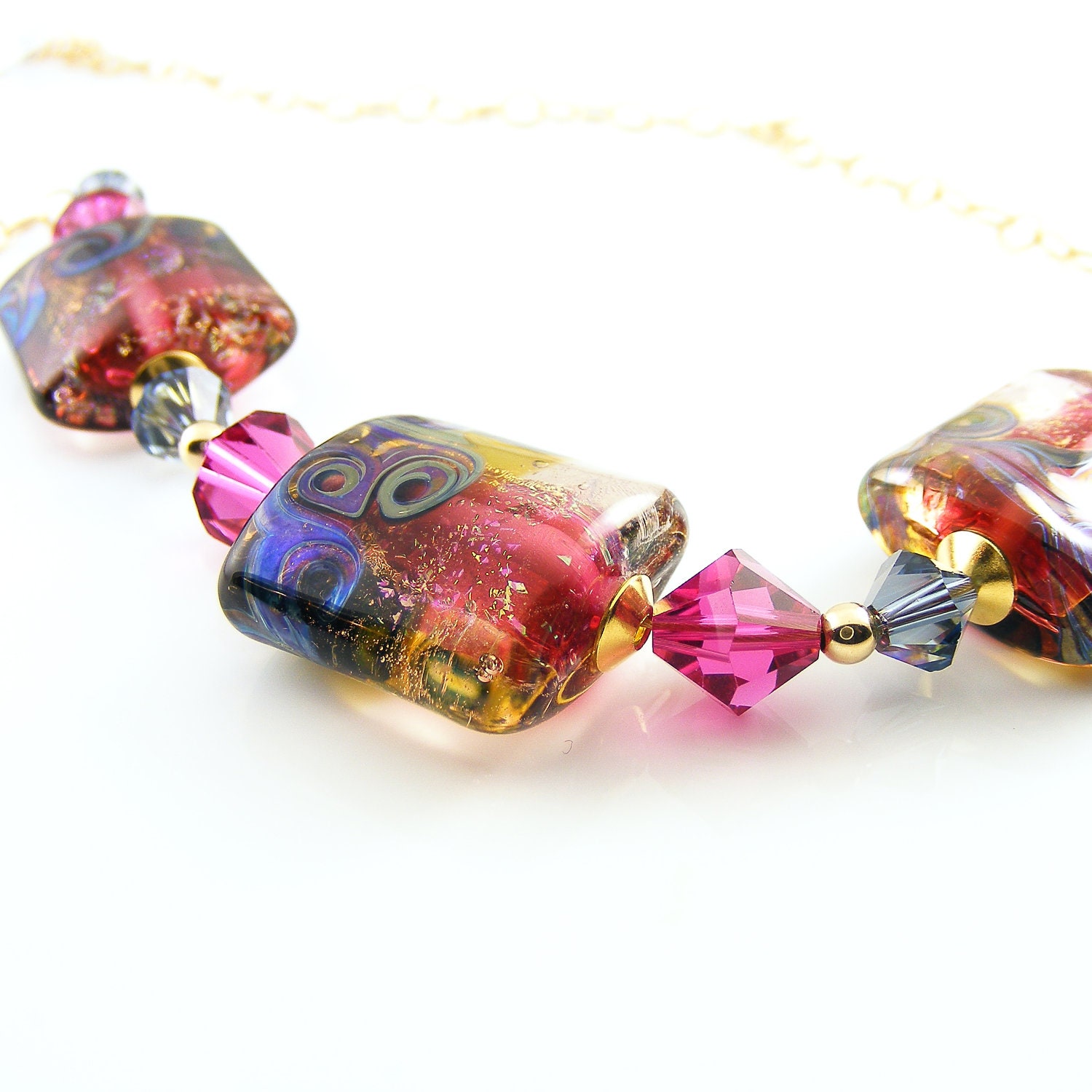 Pink & Blue Lampwork Glass Necklace, One of a kind Statement Necklace, Fuchsia Pink, Peacock Blue, Gold Chain