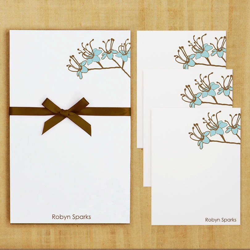 Custom Stationery Set with Notepad and Note Cards - Little Blue Flowers