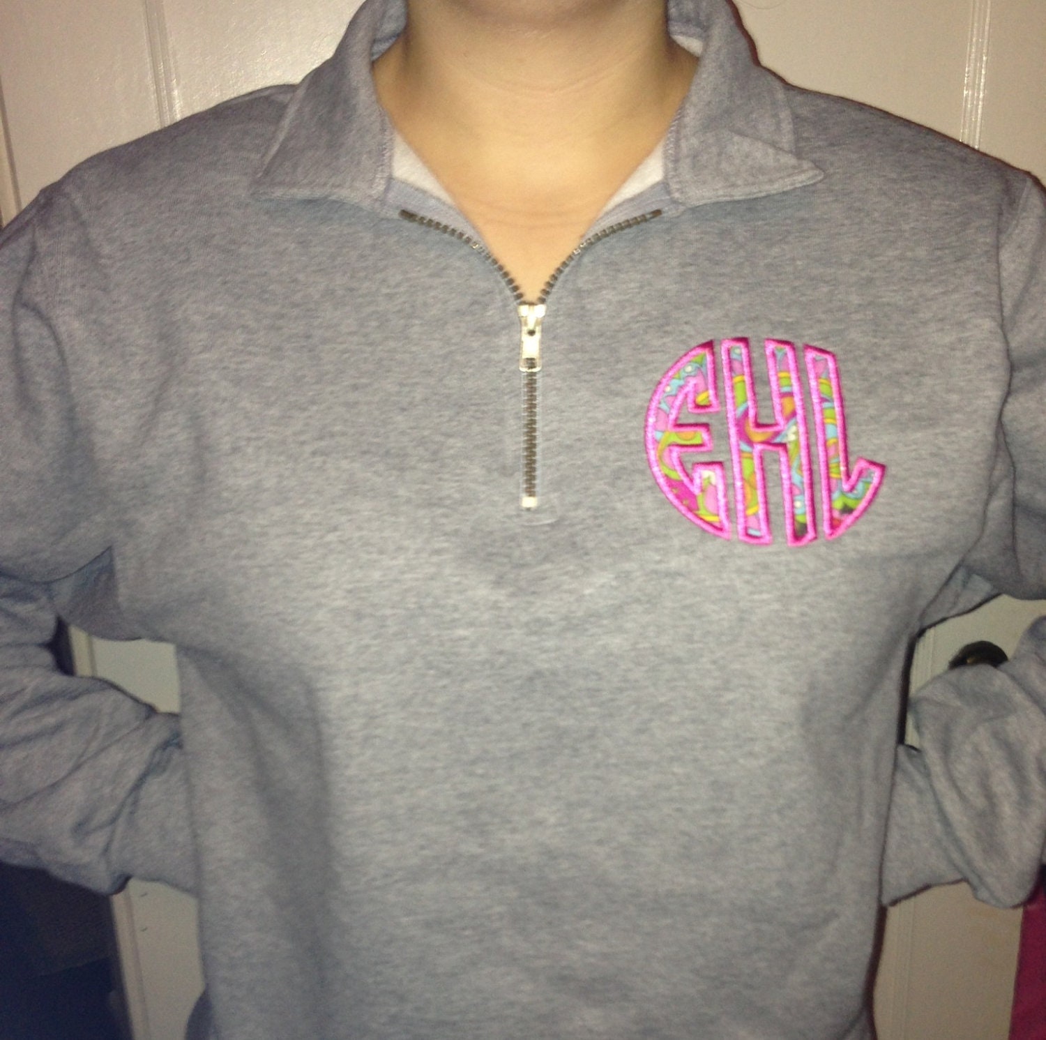 1/4 Zip Oxford Gray Circle Font Applique Monogram Sweatshirt with - Makes A Great Personalized  Christmas Gift