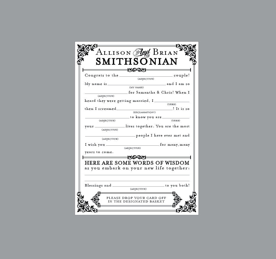 Vintage Retro Antique Edwardian Victorian Poster Style Wedding Reception Mad Lib Mad Libs
