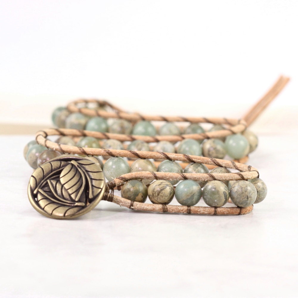 Aqua Terra Jasper Leather Wrap Bracelet Tan Suede Green Rustic Bohemian Style Double Wrap Boho Jewelry - AbacusBeadCreations