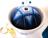 teacup pincushion - blue star floral flowers purple white - hand embroidered thread ball- great quilter seamstress gift mother teacher