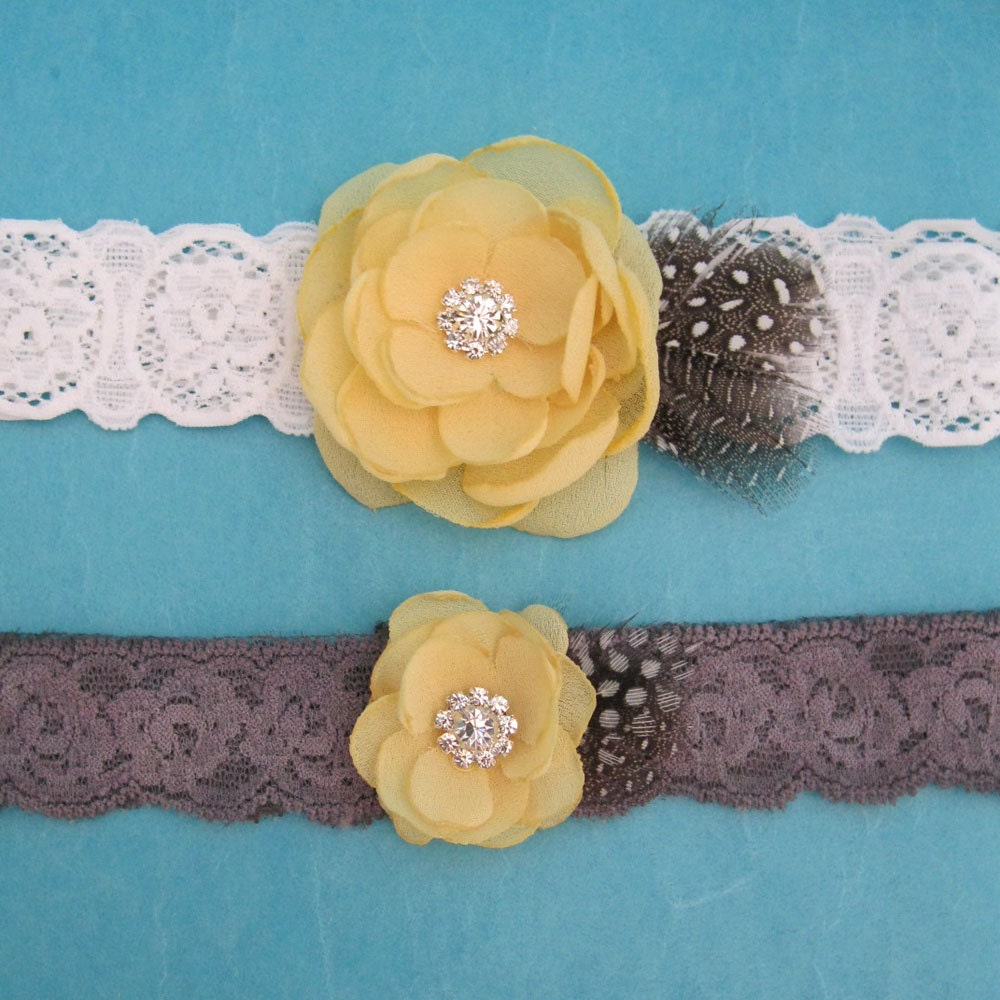 Wedding Garter in Yellow, Gray and White Lace, bridal garter set I103, budget bridal garter accessory