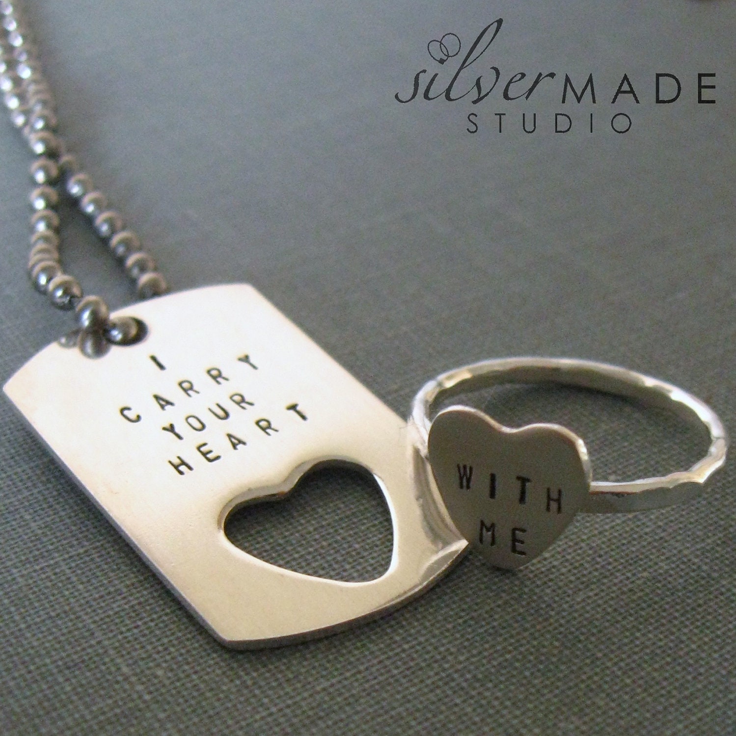 I carry your heart  PETITE dog tag and sterling silver HEART ring