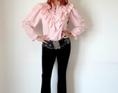 Vintage 70s Pink RUFFLE NECK Puff Sleeve Blouse M