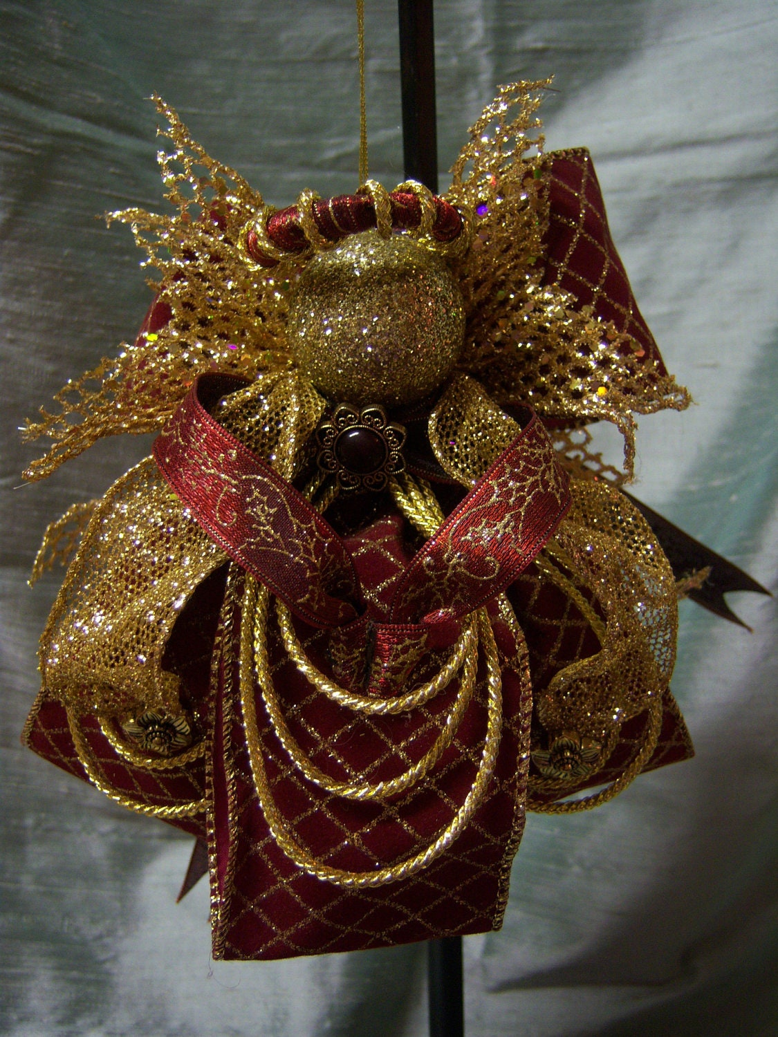 Angel Doll in Burgundy & Gold Braiding for Holiday Accent