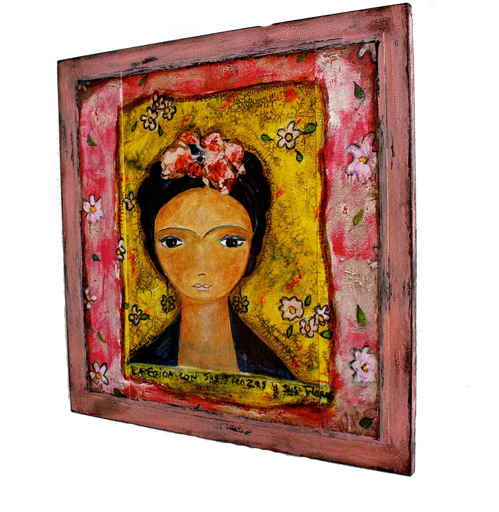 Frida with Braided Hair- Print mounted on Wood (12 x 12 inches) Folk Art  by FLOR LARIOS