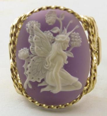 R423 Butterfly Fairy Cameo Ring 14k gf Gold Lavender
