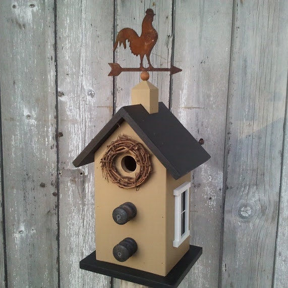 Primitive Birdhouse Weather Vane Rooster Wren House Farm Insulators - OOAK