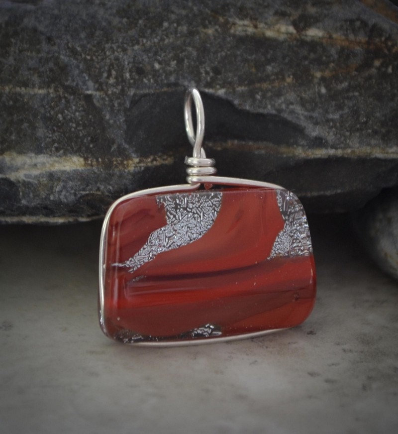 Dichroic Fused Glass Pendant - red and silver fused glass jewelry (by Meagan Chaney Gumpert)