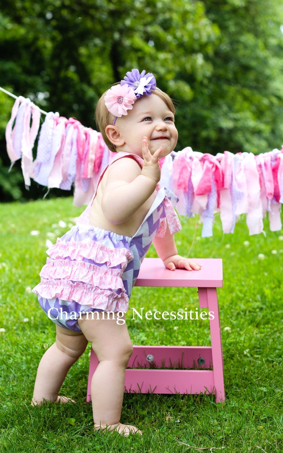 Baby Girl Chevron Sunsuit Romper Bubble with Ruffles - Lavendar and Pink
