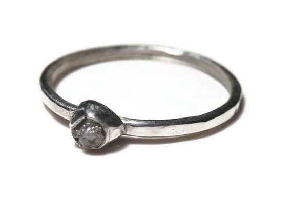 Custom single sterling silver and conflict free rough diamond stacker ring