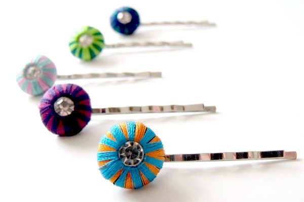 cute striped button hairpin with rhinestone