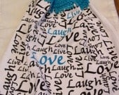 Turquoise Live Laugh Love Crochet Top Kitchen or Bathroom Towel