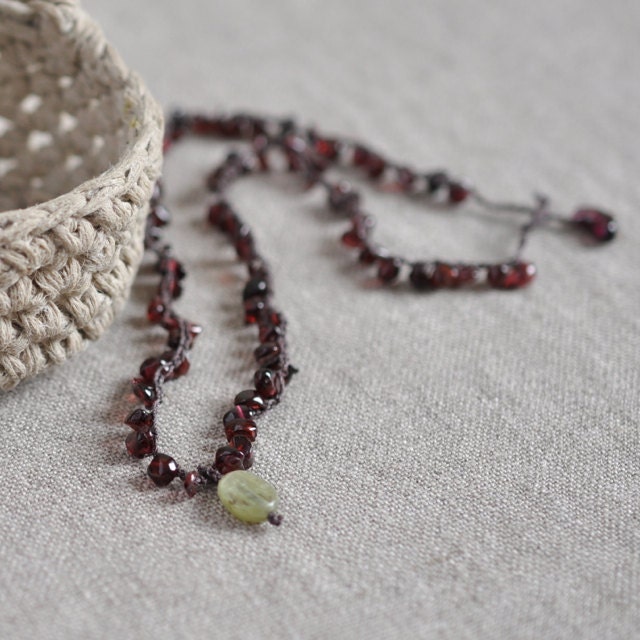 Garnet and Green crocheted gemstone necklace with red garnet chip beads and green kyanite pendant or charm
