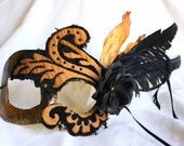 Finlay - Renaissance Mask in Black Feathers and Mustard Gold Fabric - artisanmaskers