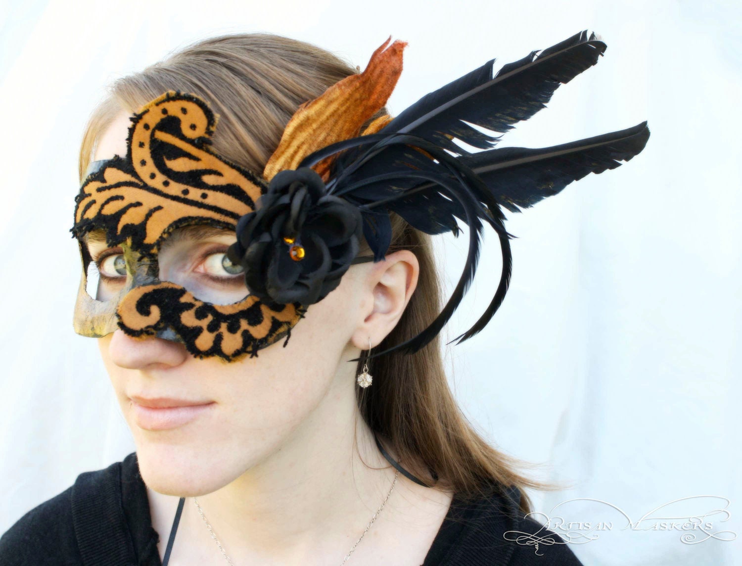 Finlay - Renaissance Mask in Black Feathers and Tan Fabric