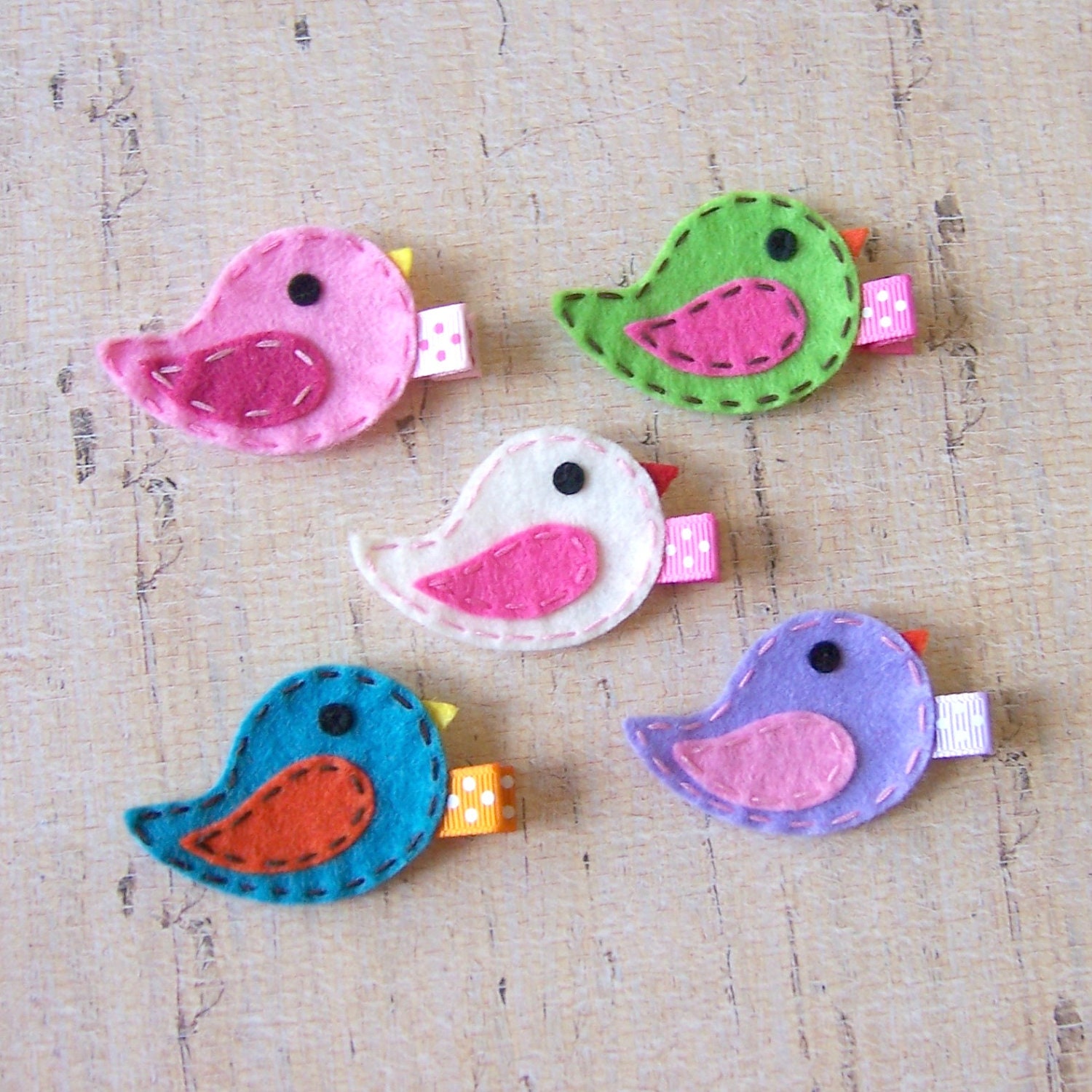 Felt Bird Hair Clips - You Pick 2 Clippies - Pink, Apple Green, White, Lavender or Turquoise - Cute spring clips - Birthday party favor